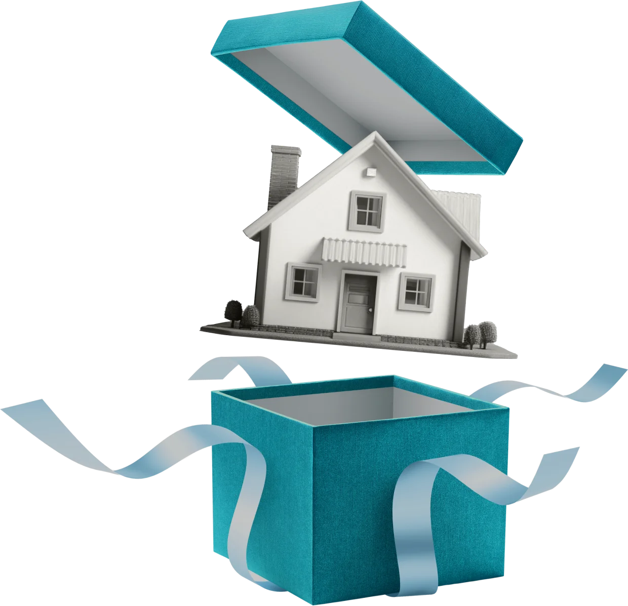 Una casa che esce da un pacco regalo
